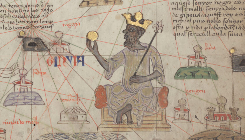 A 1375 CE illustration of Mansa Kanku Musa (r. 1312-1337 CE) who ruled the Mali Empire in West Africa. (Detail from the Catalan Atlas Sheet 6, National Library of France, Paris)